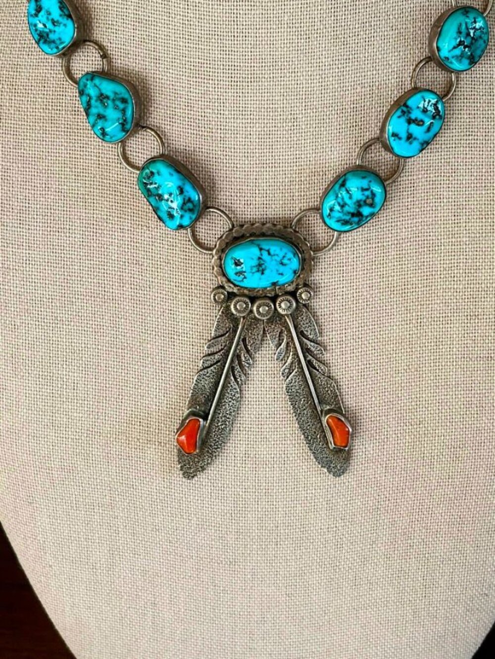 Vintage HBY Harry B Yazzie Navajo Sterling Turquoise Coral Feather Necklace - Picture 3 of 10